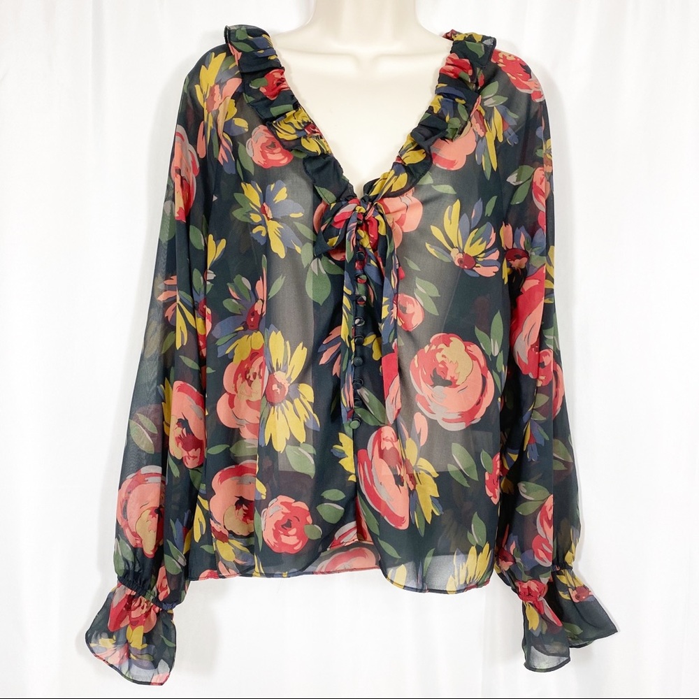Majorelle Floral Ruffle Semi Sheer Peasant Top Boho Bohemian Cottagecore